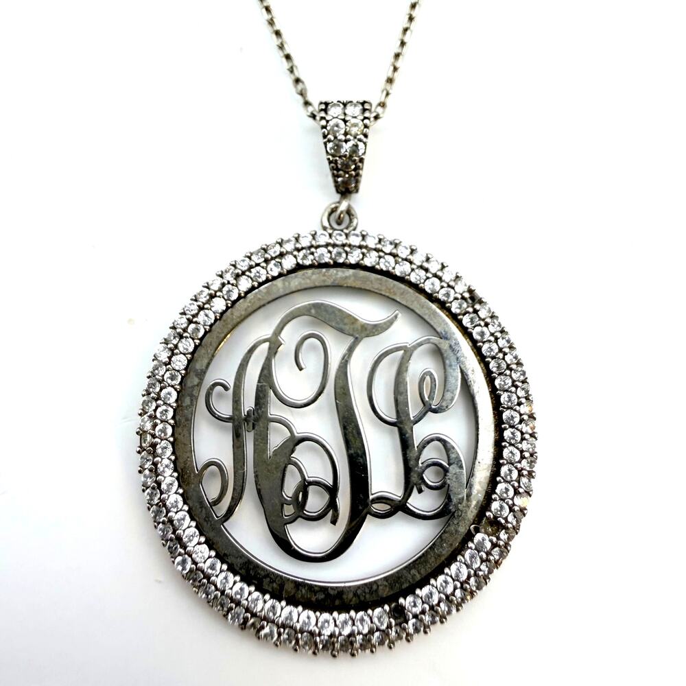 VTG 925 Sterling Silver Monogram Pendant Necklace Cut Out CZ Halo 18" AFL READ